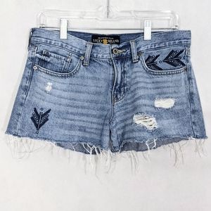 Cut Off Embroidered Denim Shorts